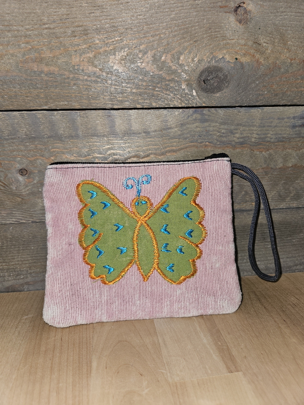 Pink Butterfly Embroidered Wristlet Pouch